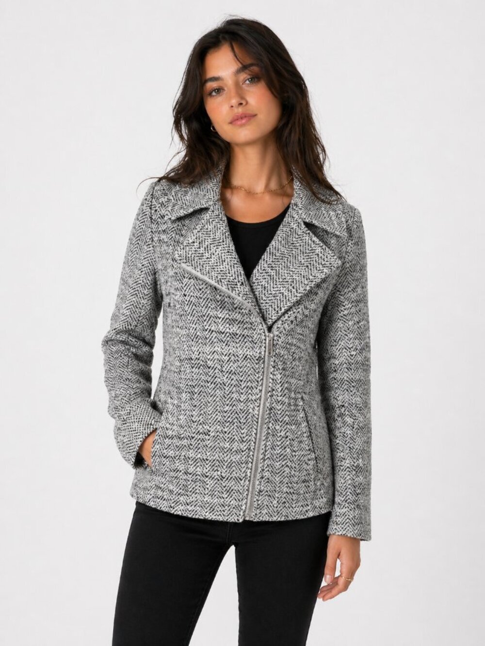 MAX STUDIO Herringbone Textured Knit Cropped Moto Zip Jacket Black Cream M